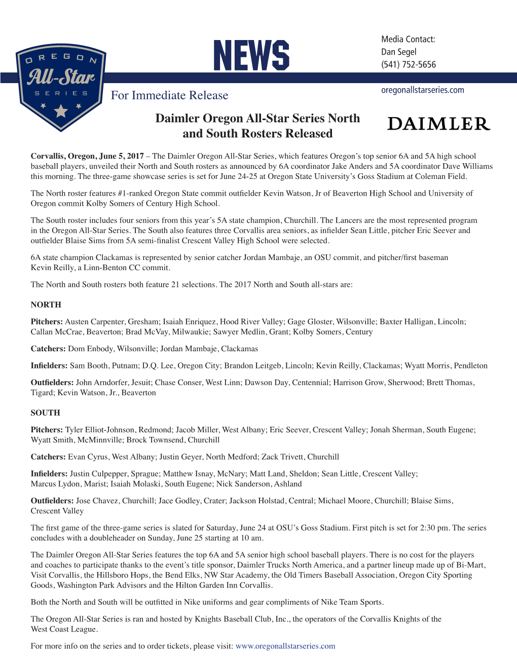 Daimler Oregon All-Star Series North and South Rosters Released