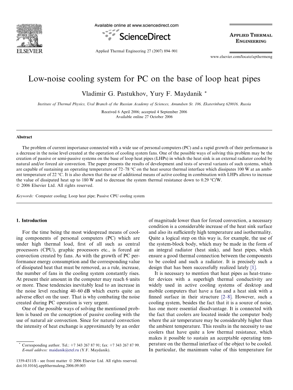 Low-Noise Cooling System for PC on the Base of Loop Heat Pipes