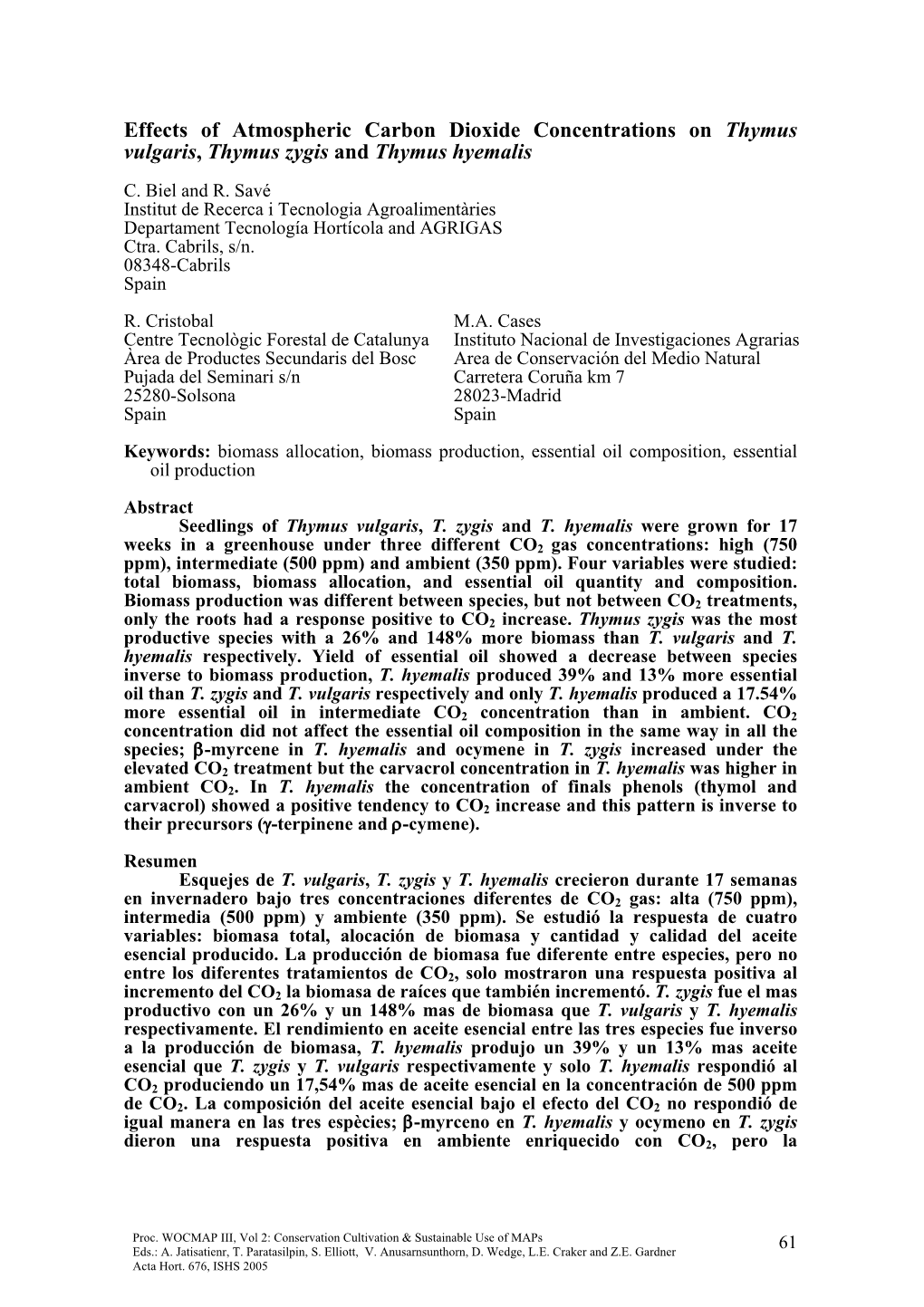 Effects of Atmospheric Carbon Dioxide Concentrations on Thymus Vulgaris, Thymus Zygis and Thymus Hyemalis