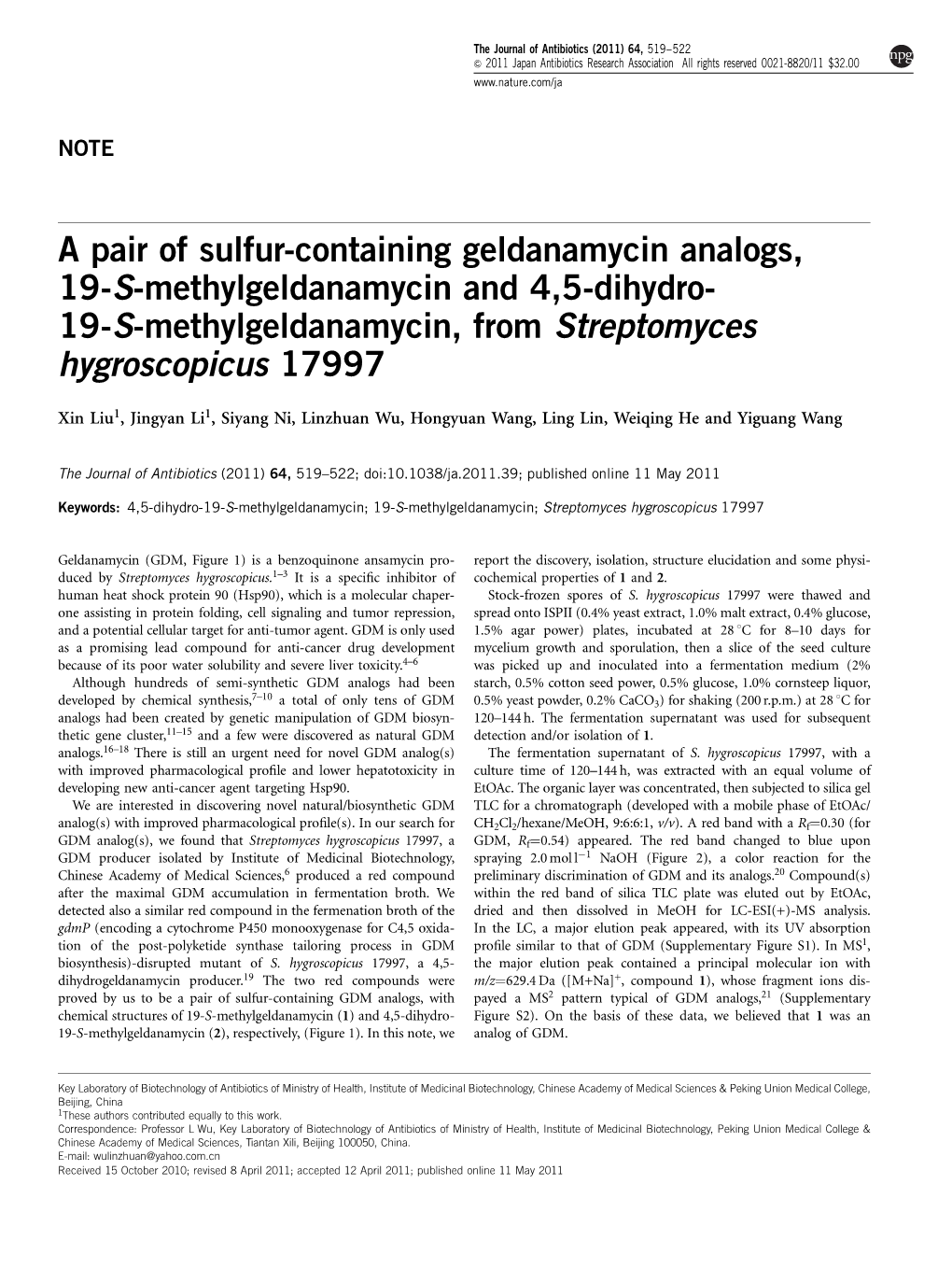 A Pair of Sulfur-Containing Geldanamycin Analogs, 19-S-Methylgeldanamycin and 4,5-Dihydro- 19-S-Methylgeldanamycin, from Streptomyces Hygroscopicus 17997