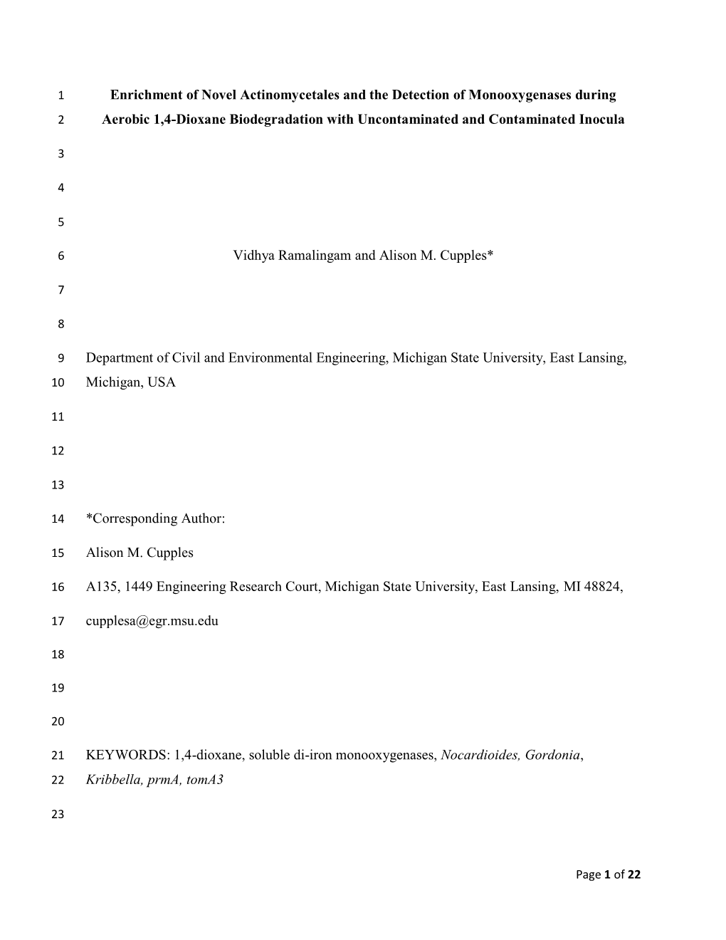 Enrichment of Novel Actinomycetales and the Detection of Monooxygenases During 2 Aerobic 1,4-Dioxane Biodegradation with Uncontaminated and Contaminated Inocula