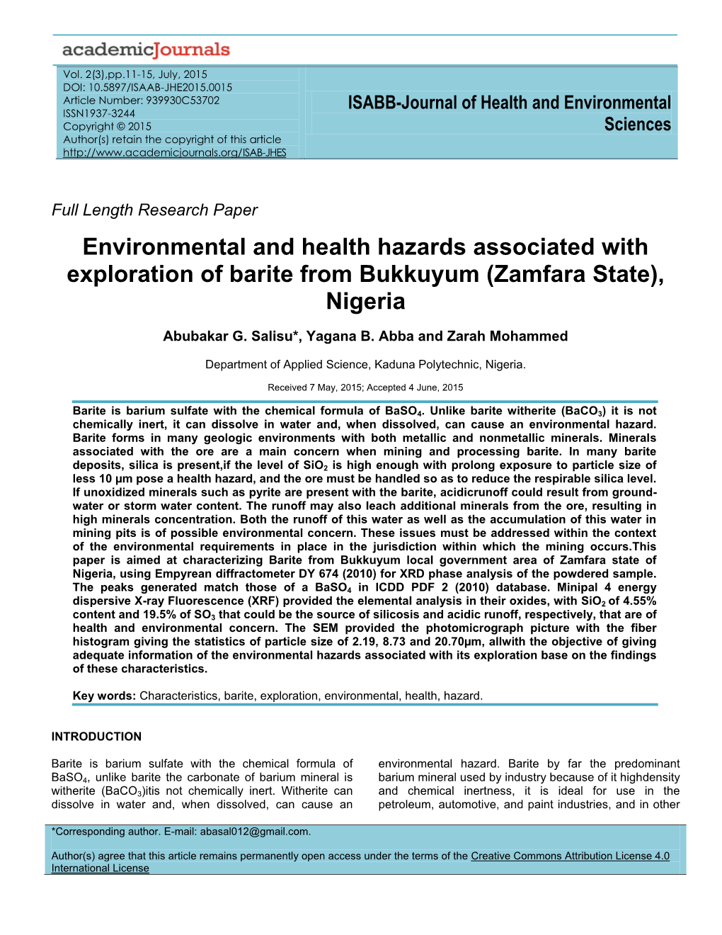 Environmental and Health Hazards Associated with Exploration of Barite from Bukkuyum (Zamfara State), Nigeria