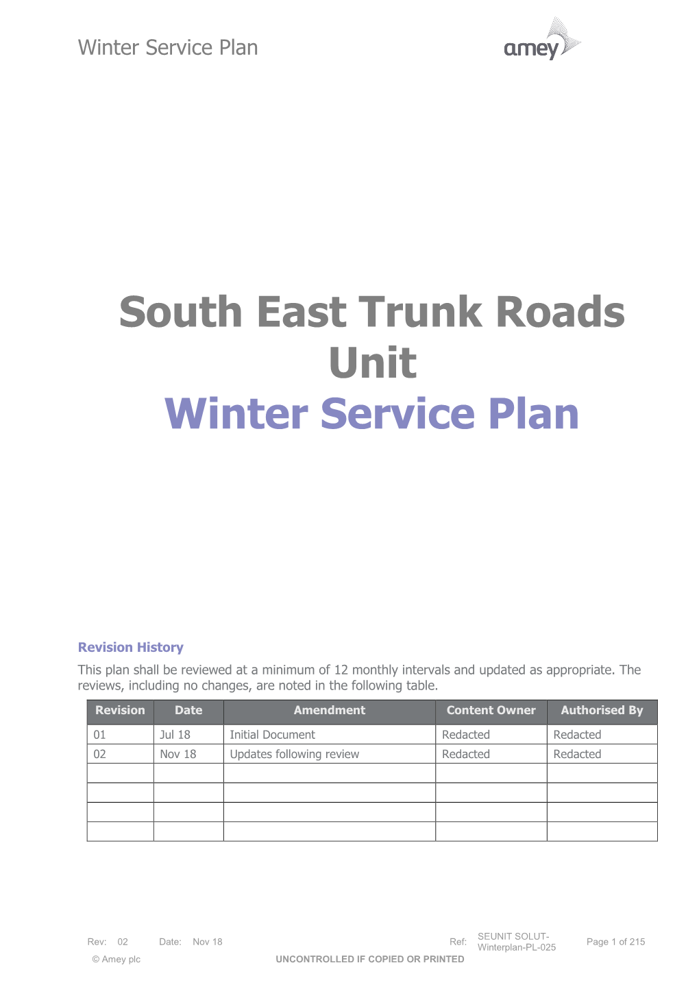 South East Trunk Roads Unit Winter Service Plan