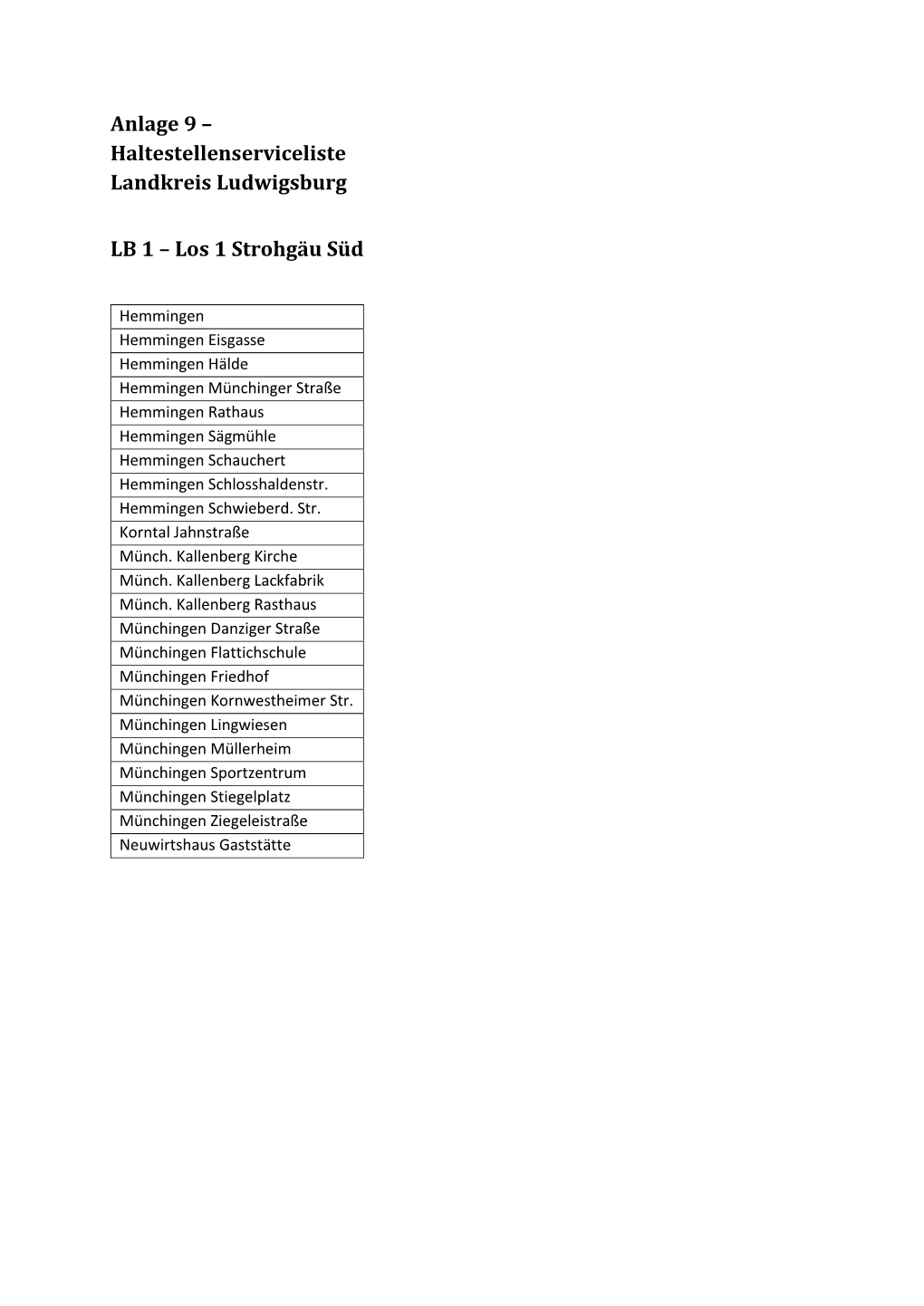 Anlage 9 – Haltestellenserviceliste Landkreis Ludwigsburg