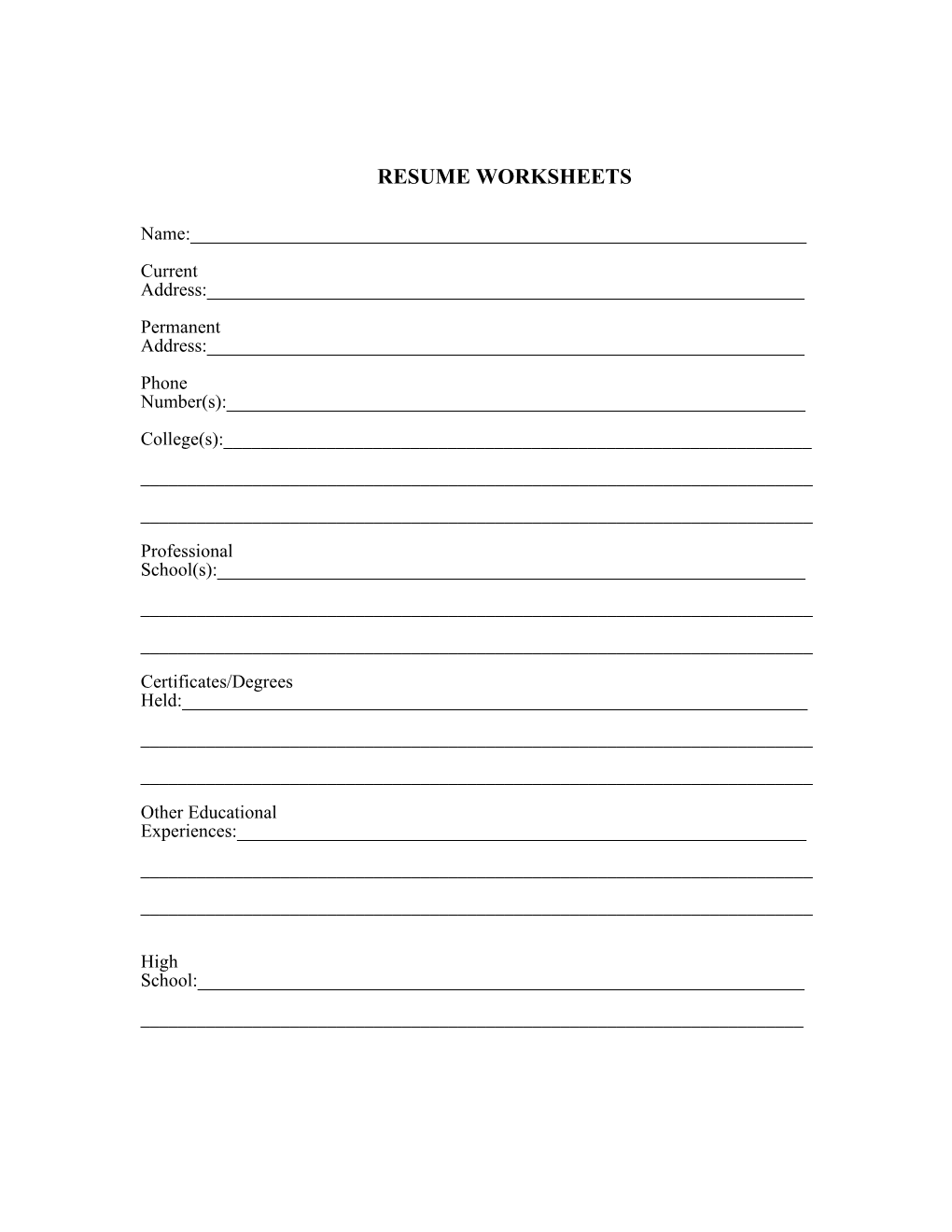 Resume Worksheets