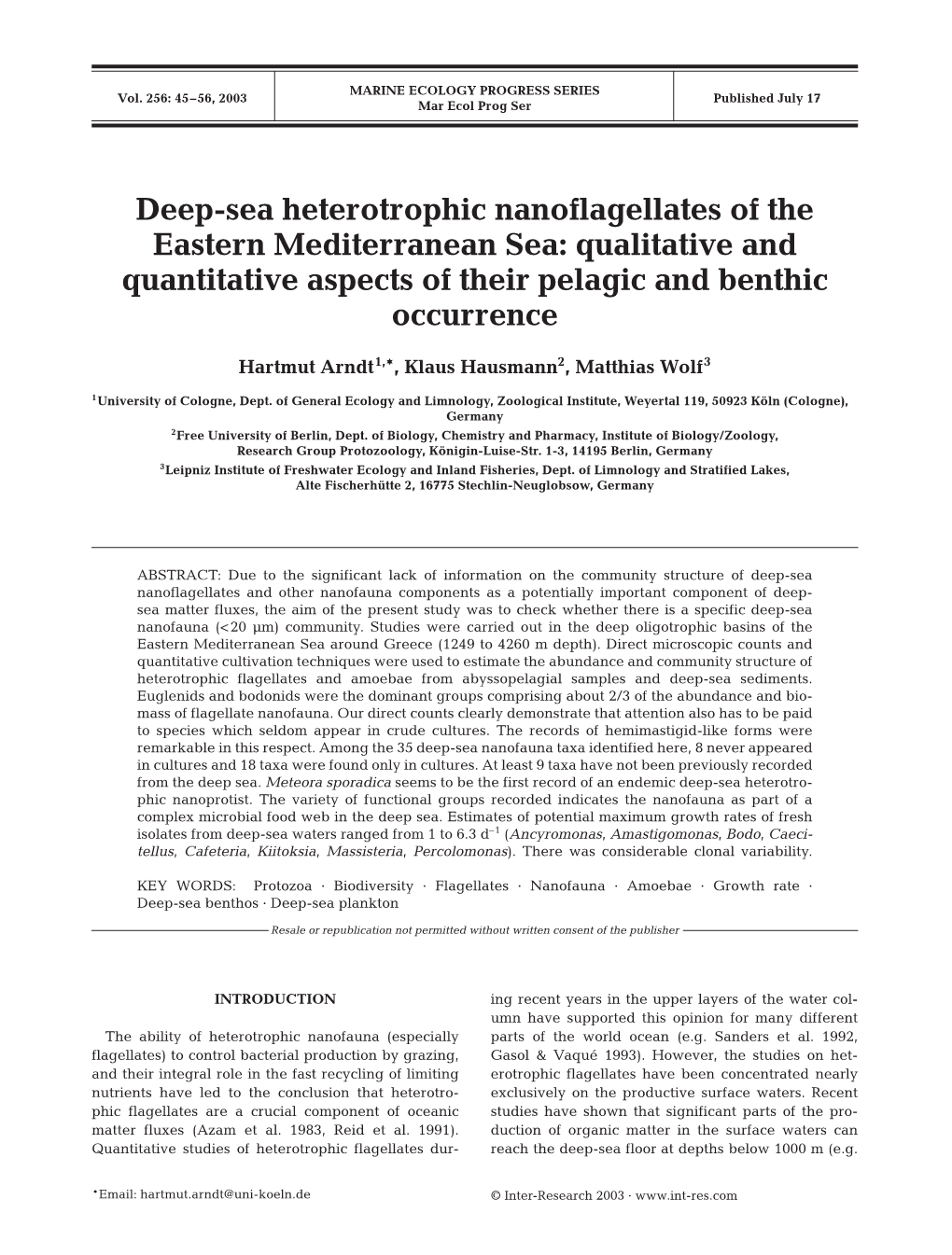 Deep-Sea Heterotrophic Nanoflagellates of the Eastern Mediterranean Sea: Qualitative and Quantitative Aspects of Their Pelagic and Benthic Occurrence