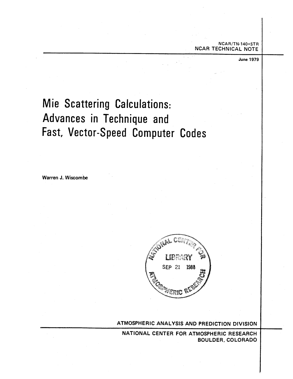 NCAR/TN-140+STR Mie Scattering Calculations