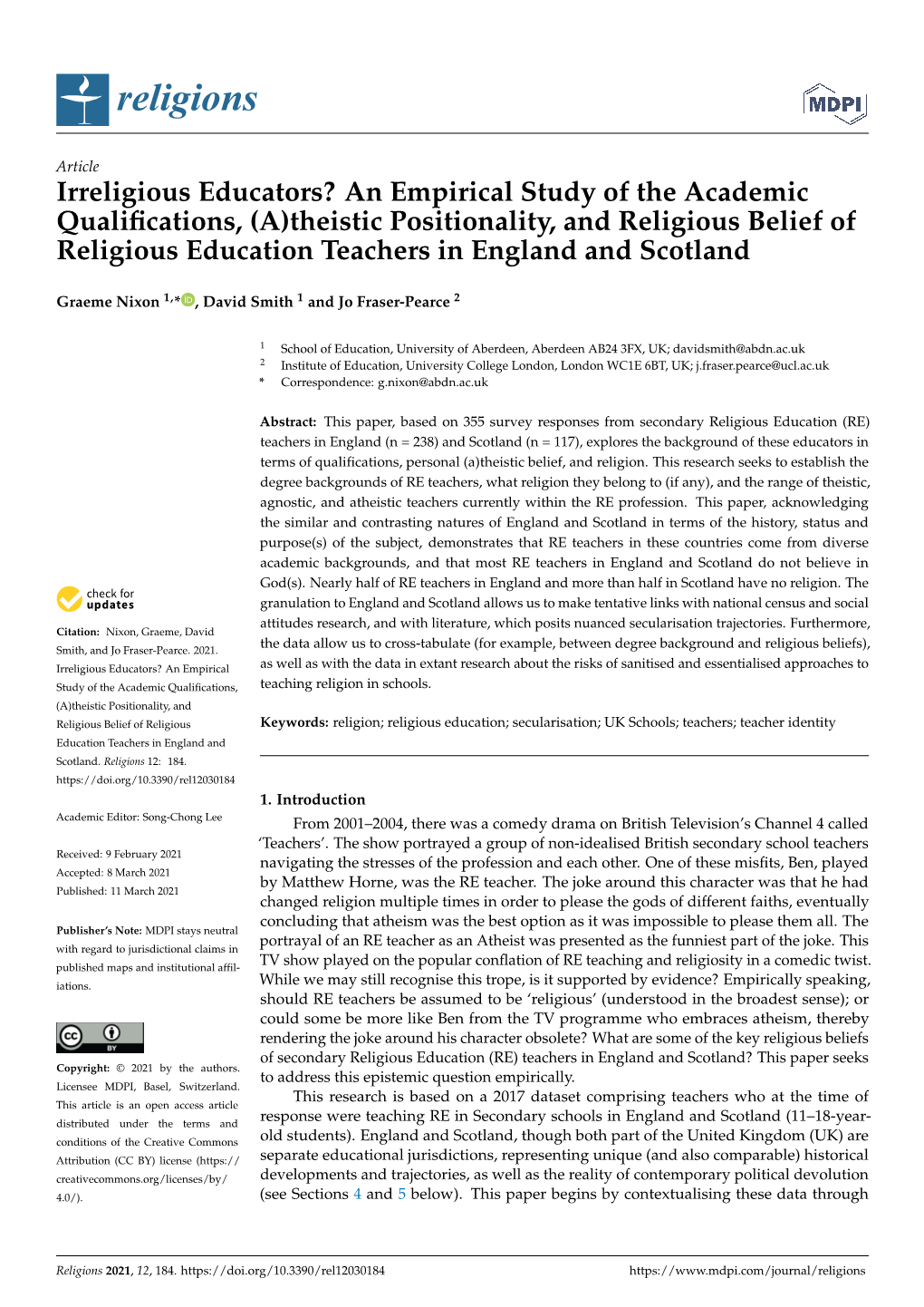 (A)Theistic Positionality, and Religious Belief of Religious Education Teachers in England and Scotland