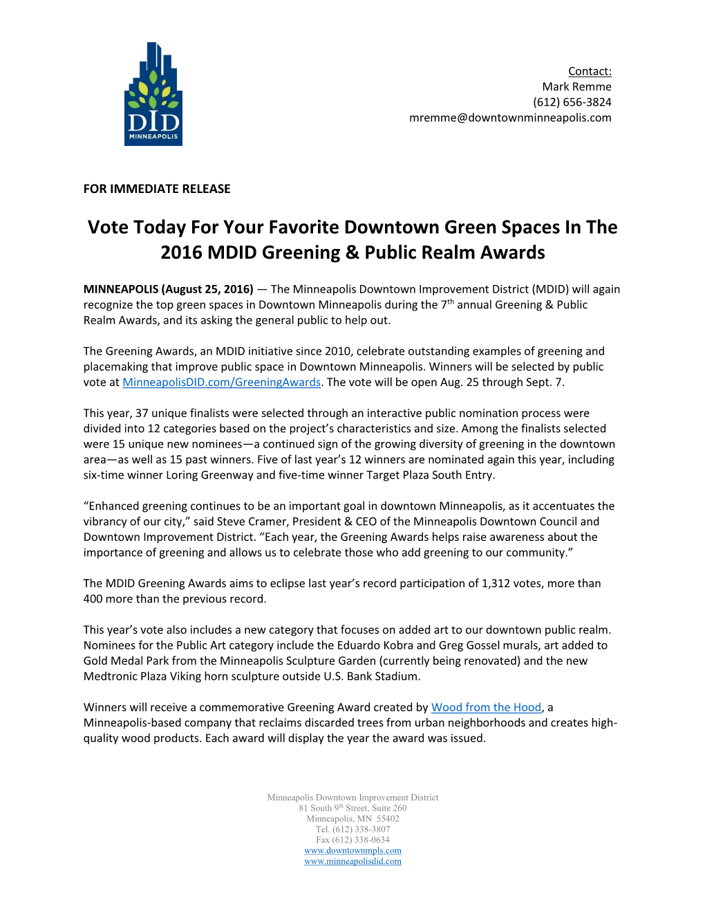 Vote Today for Your Favorite Downtown Green Spaces in the 2016 MDID Greening & Public Realm Awards