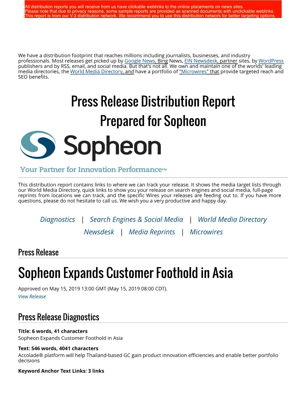 Press Release Distribution Report Prepared for Sopheon