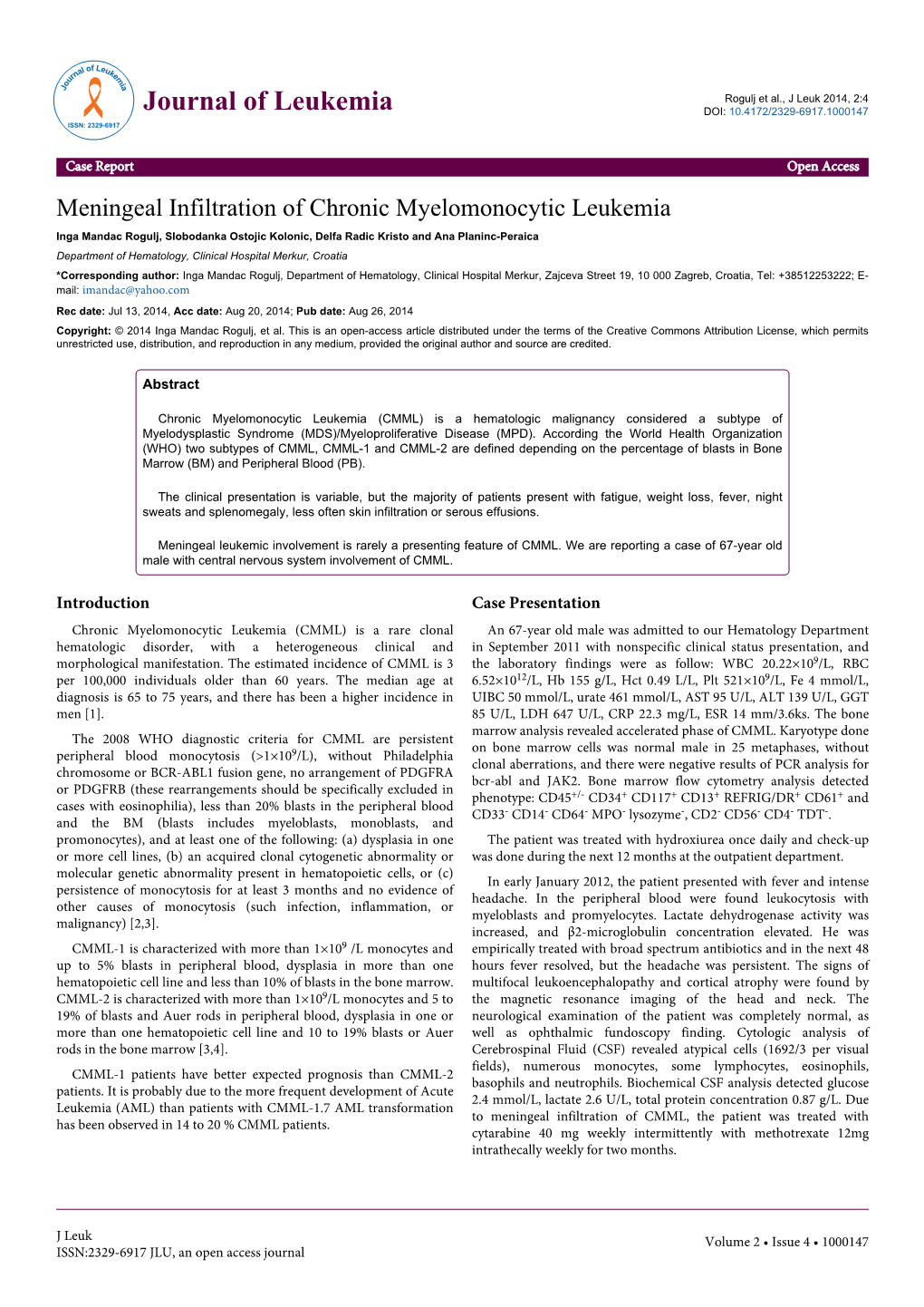 Meningeal Infiltration of Chronic Myelomonocytic Leukemia