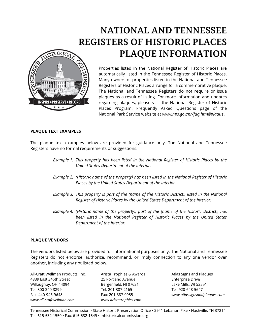 Properties Listed in the National Register of Historic Places Are Automatically Listed in the Tennessee Register of Historic Places