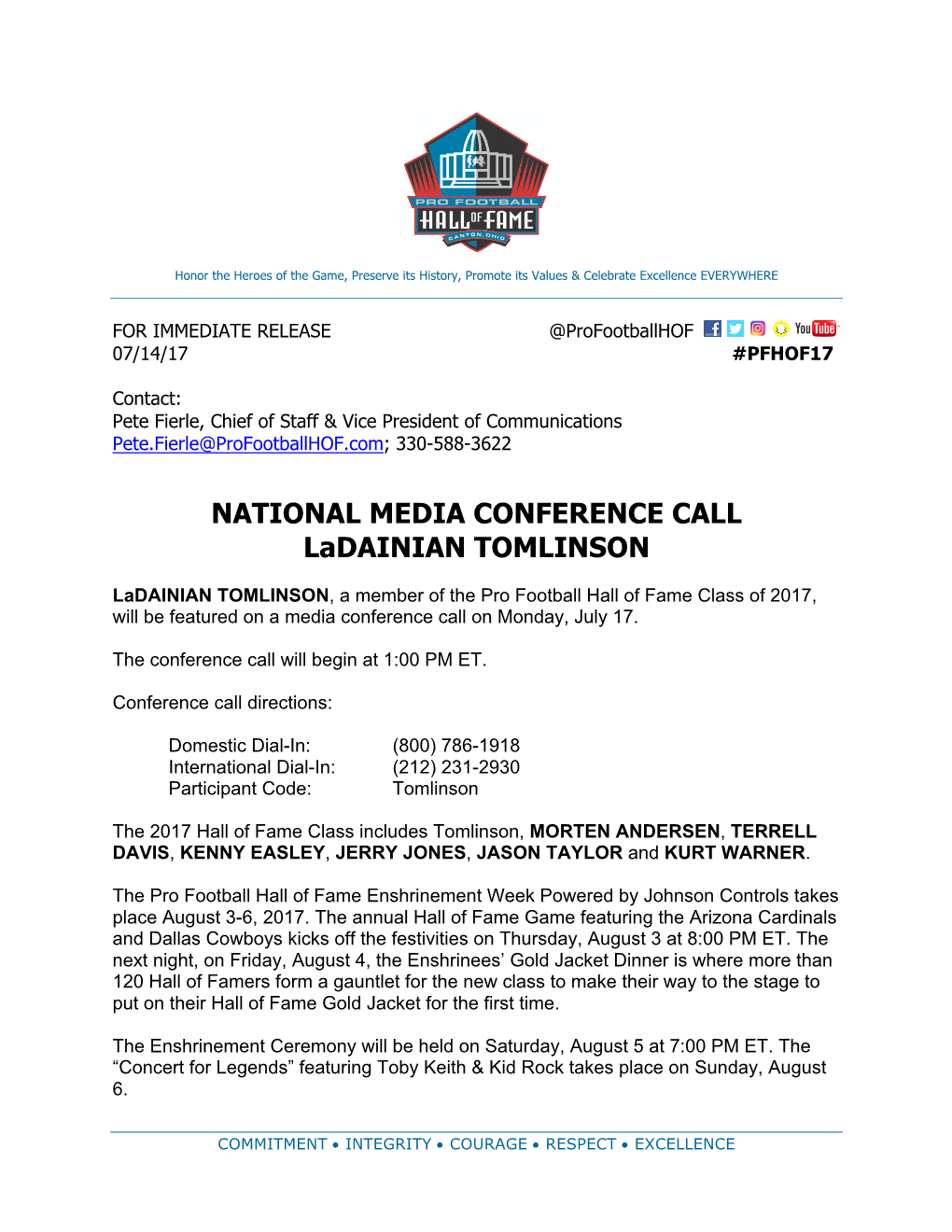 NATIONAL MEDIA CONFERENCE CALL Ladainian TOMLINSON