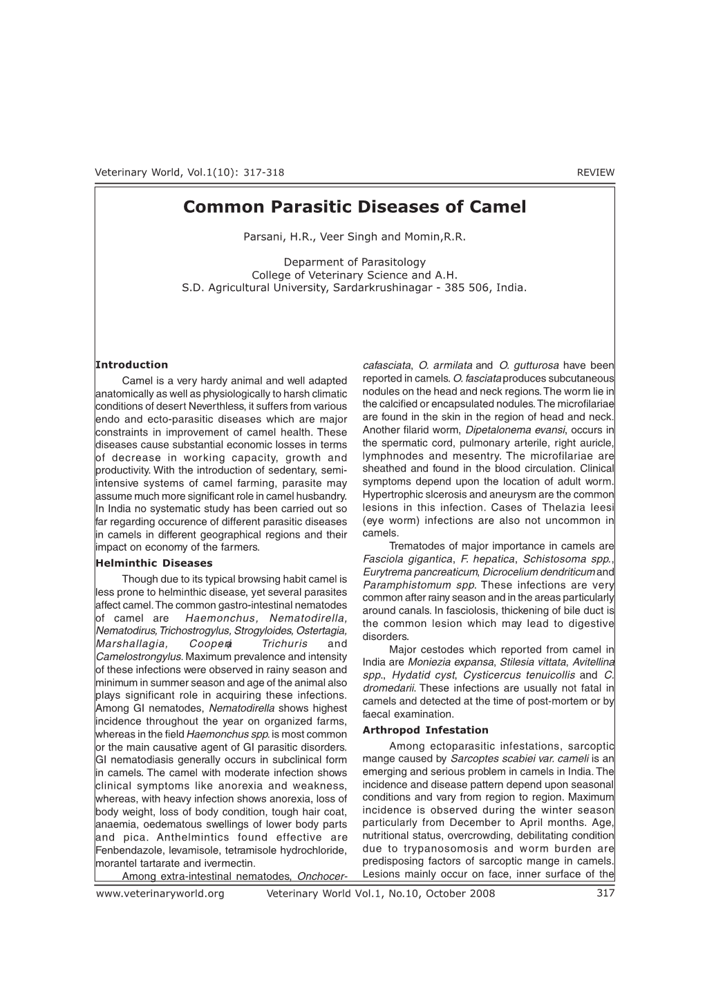 Common Parasitic Diseases of Camel