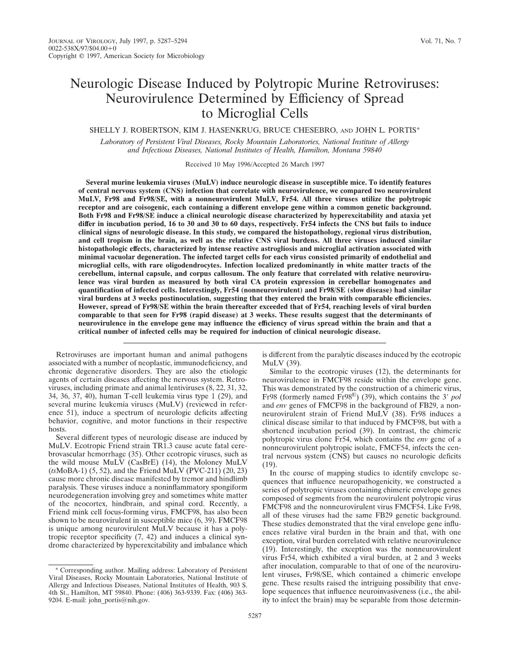 Neurologic Disease Induced by Polytropic Murine Retroviruses: Neurovirulence Determined by Efﬁciency of Spread to Microglial Cells