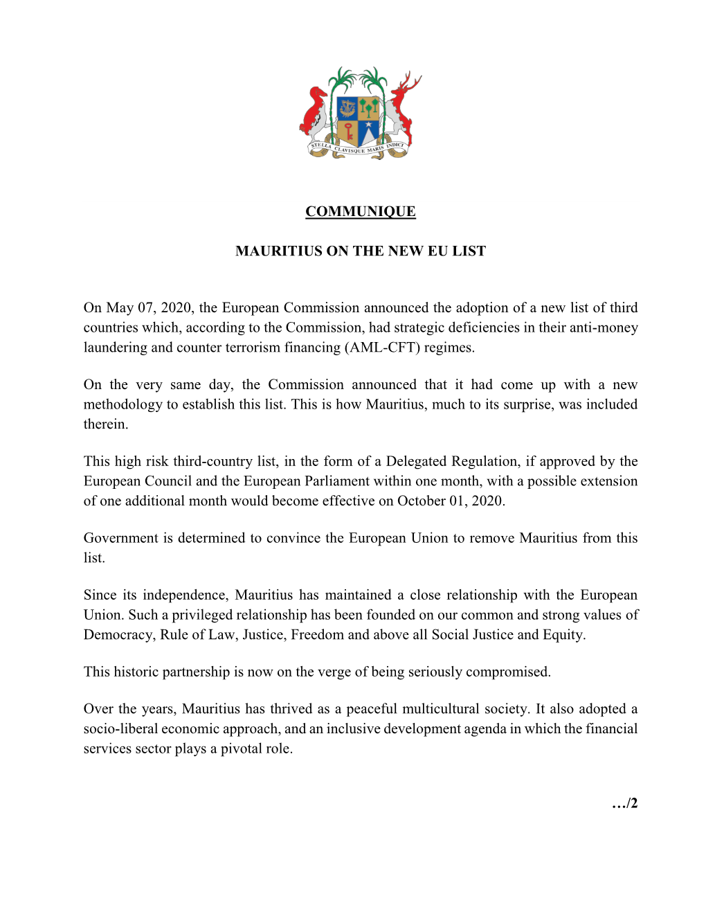 COMMUNIQUE MAURITIUS on the NEW EU LIST on May 07, 2020, The