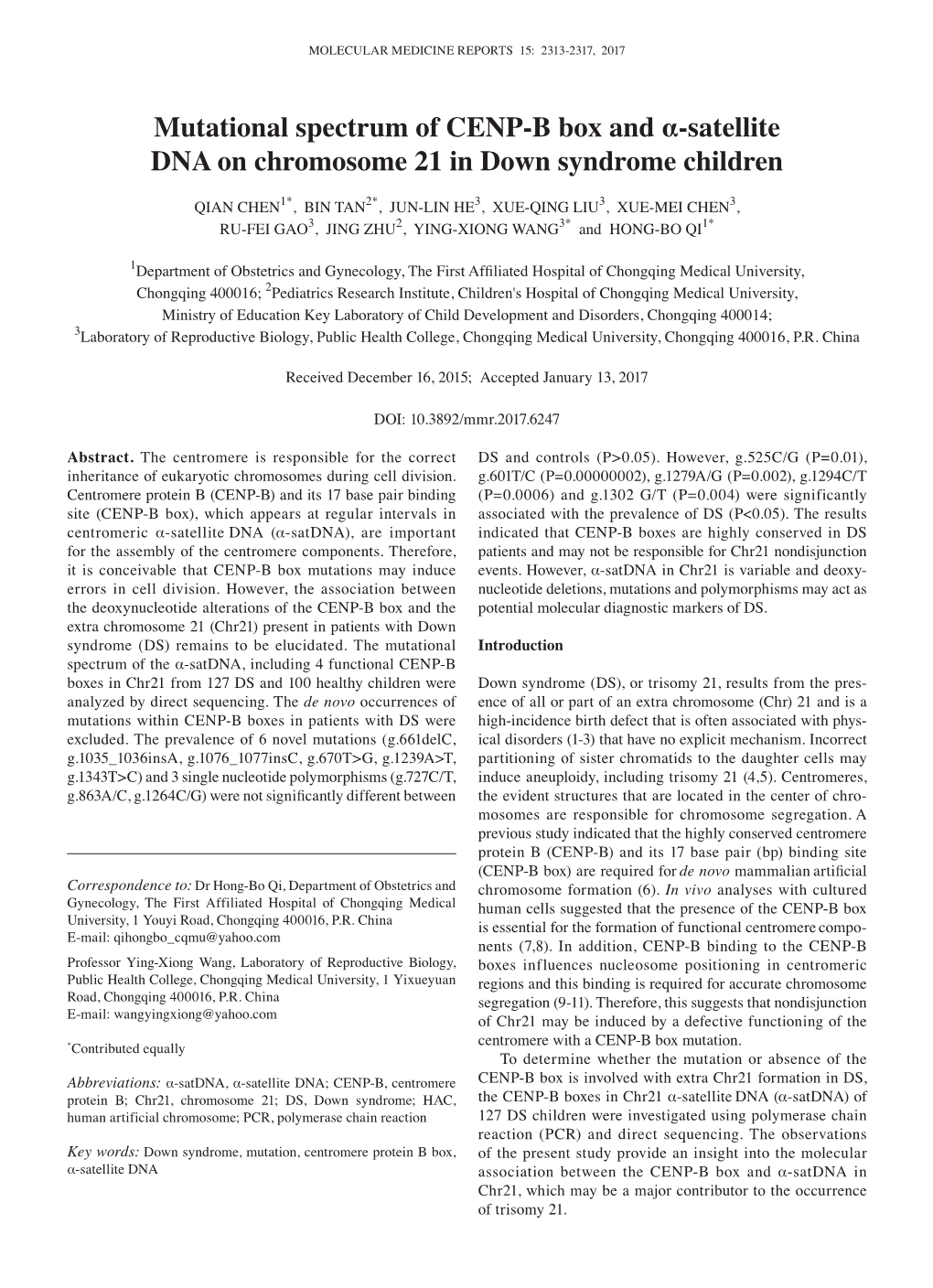 Mutational Spectrum of CENP-B Box and Α-Satellite DNA on Chromosome 21 in Down Syndrome Children