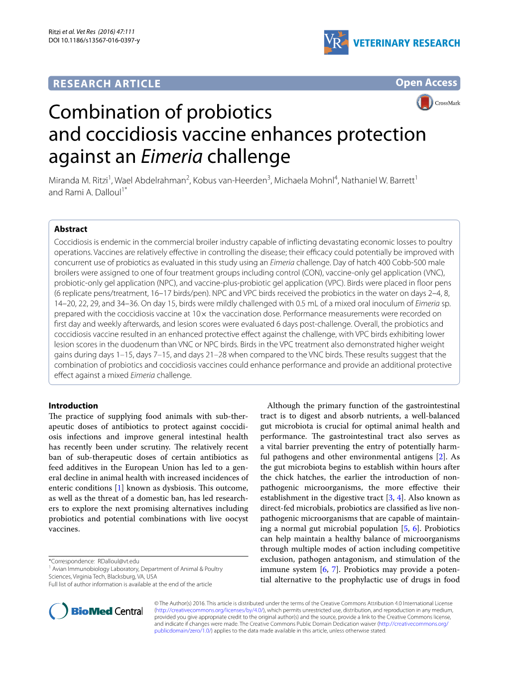 Combination of Probiotics and Coccidiosis Vaccine Enhances Protection Against an Eimeria Challenge Miranda M