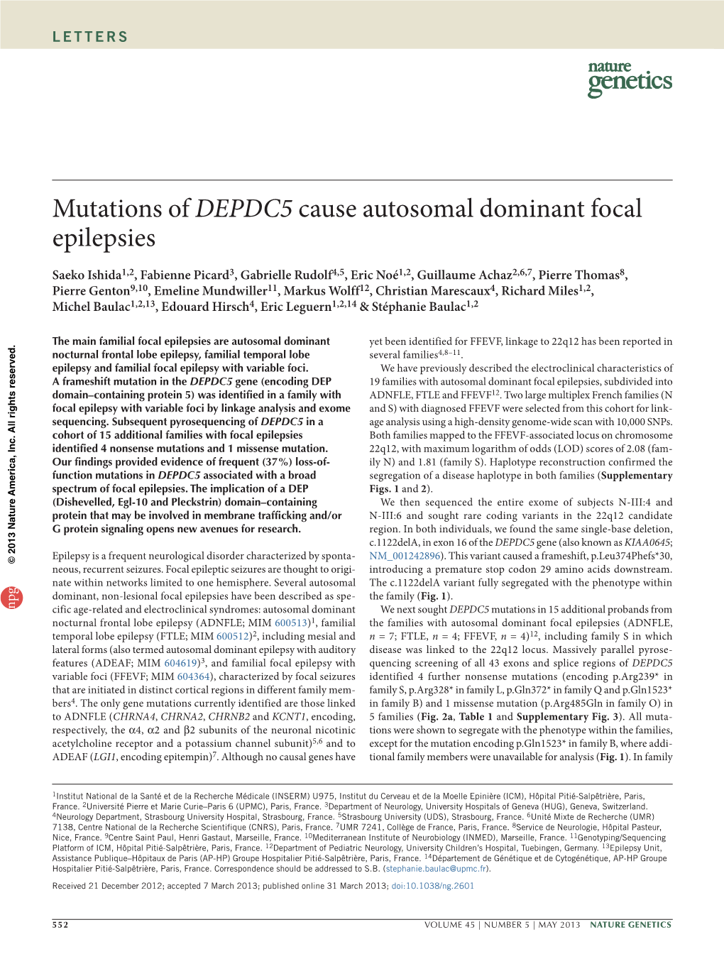 Mutations of DEPDC5 Cause Autosomal Dominant Focal Epilepsies