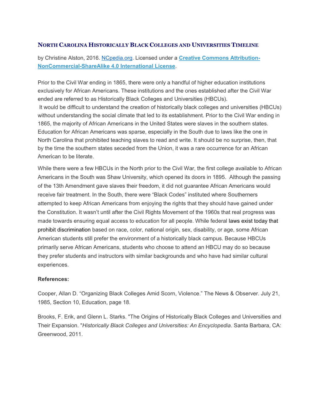 NORTH CAROLINA HISTORICALLY BLACK COLLEGES and UNIVERSITIES TIMELINE by Christine Alston, 2016