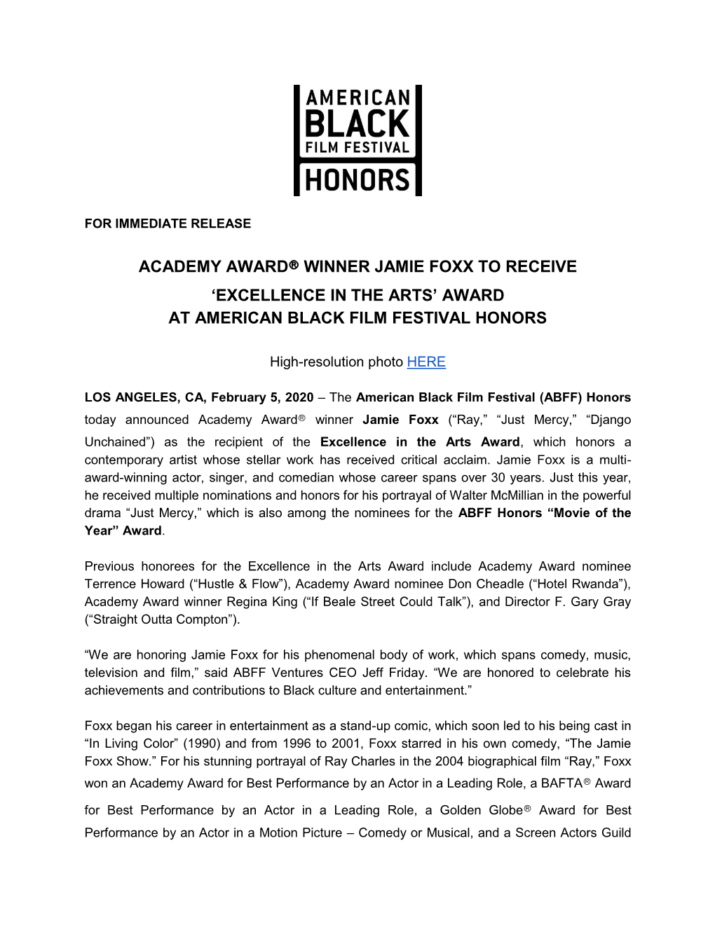 Academy Award Winner Jamie Foxx to Receive