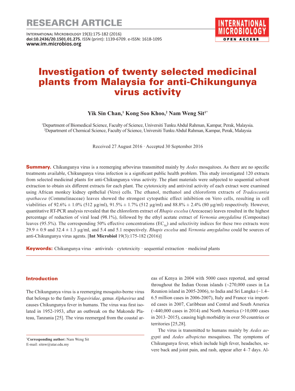 Investigation of Twenty Selected Medicinal Plants from Malaysia for Anti-Chikungunya Virus Activity