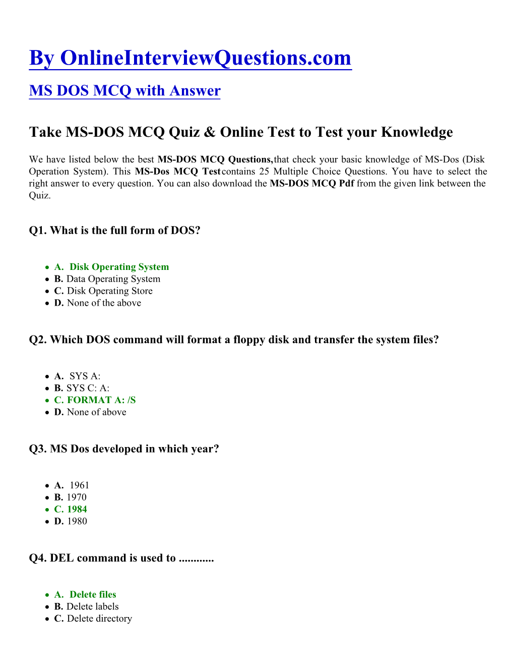 MS-DOS MCQ Quiz & Online Test to Test Your Knowledge