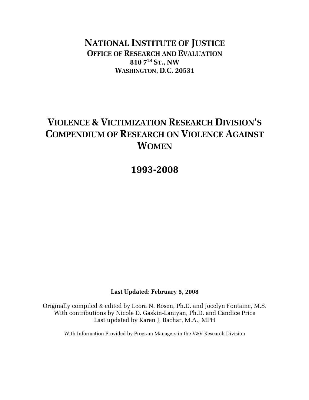 National Institute of Justice Compendium of Research on Violence Against Women 1993