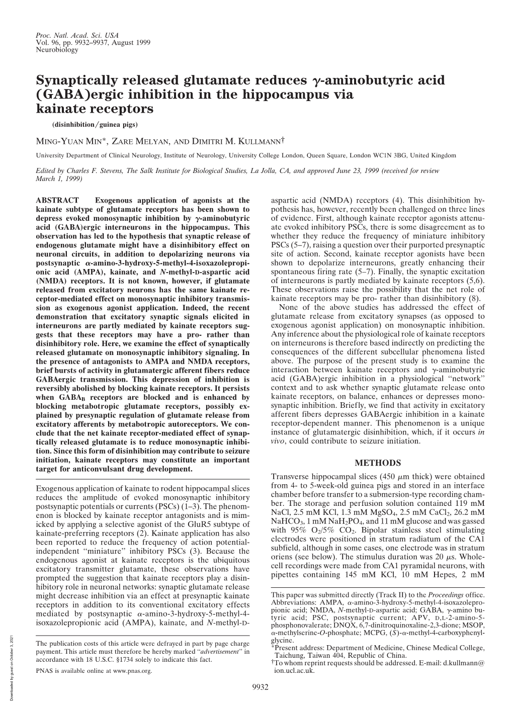 GABA)Ergic Inhibition in the Hippocampus Via Kainate Receptors (Disinhibition͞guinea Pigs)