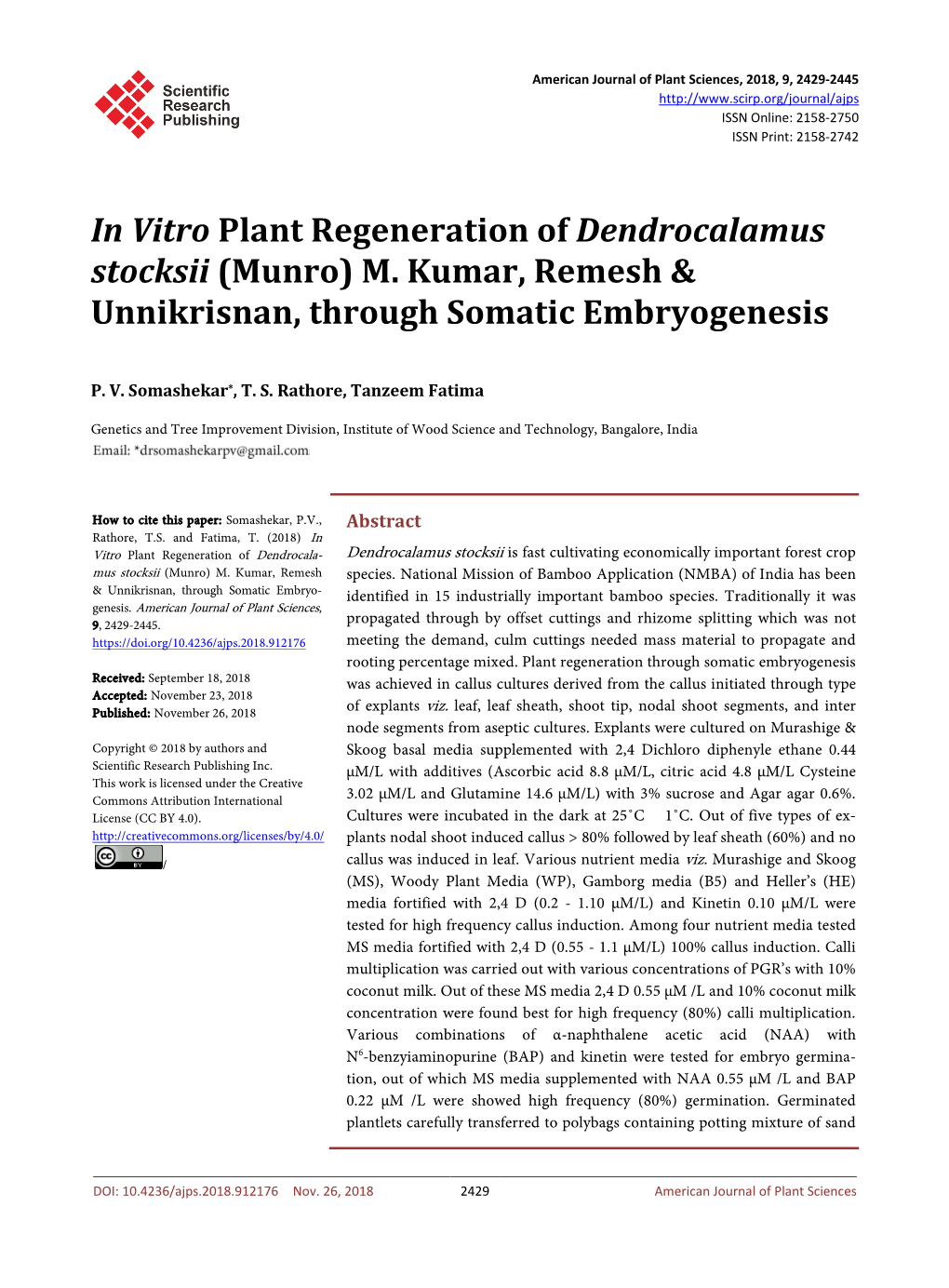 In Vitro Plant Regeneration of Dendrocalamus Stocksii (Munro) M