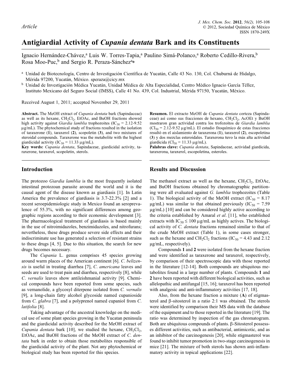 Antigiardial Activity of Cupania Dentata Bark and Its Constituents