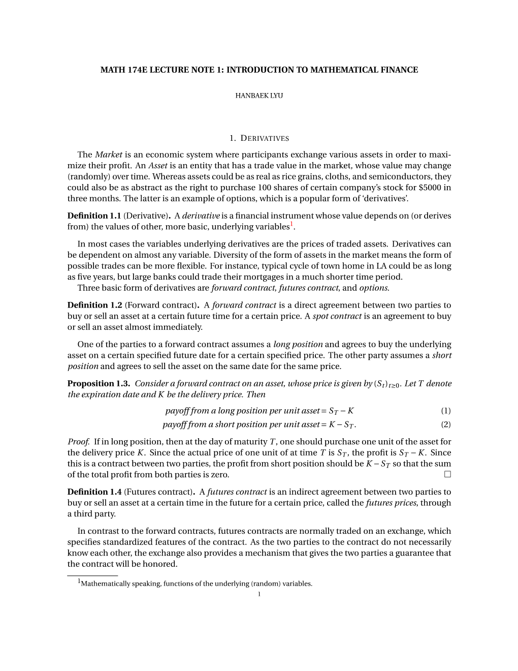 Math 174E Lecture Note 1: Introduction to Mathematical Finance