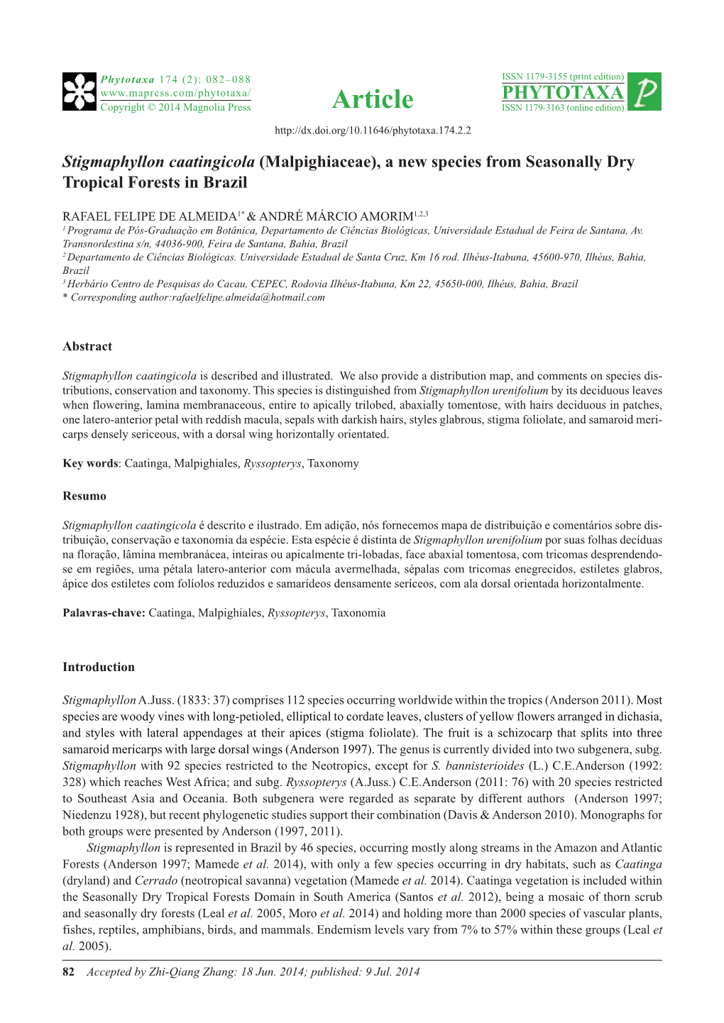 Stigmaphyllon Caatingicola (Malpighiaceae), a New Species from Seasonally Dry Tropical Forests in Brazil