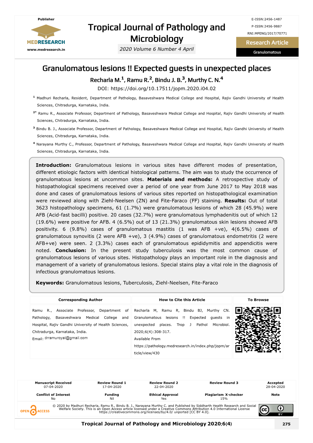 Tropical Journal of Pathology and Microbiology 2020;6(4) 275 Recharla M