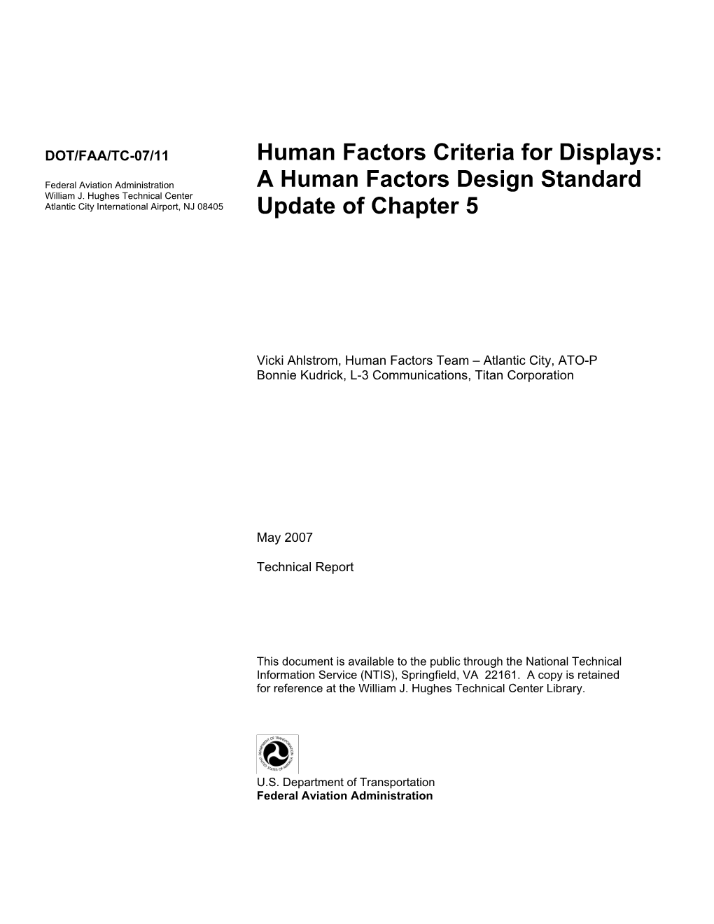 Human Factors Criteria for Displays: a Human Factors Design Standard Update of Chapter 5 Should Be Considered a Living Document