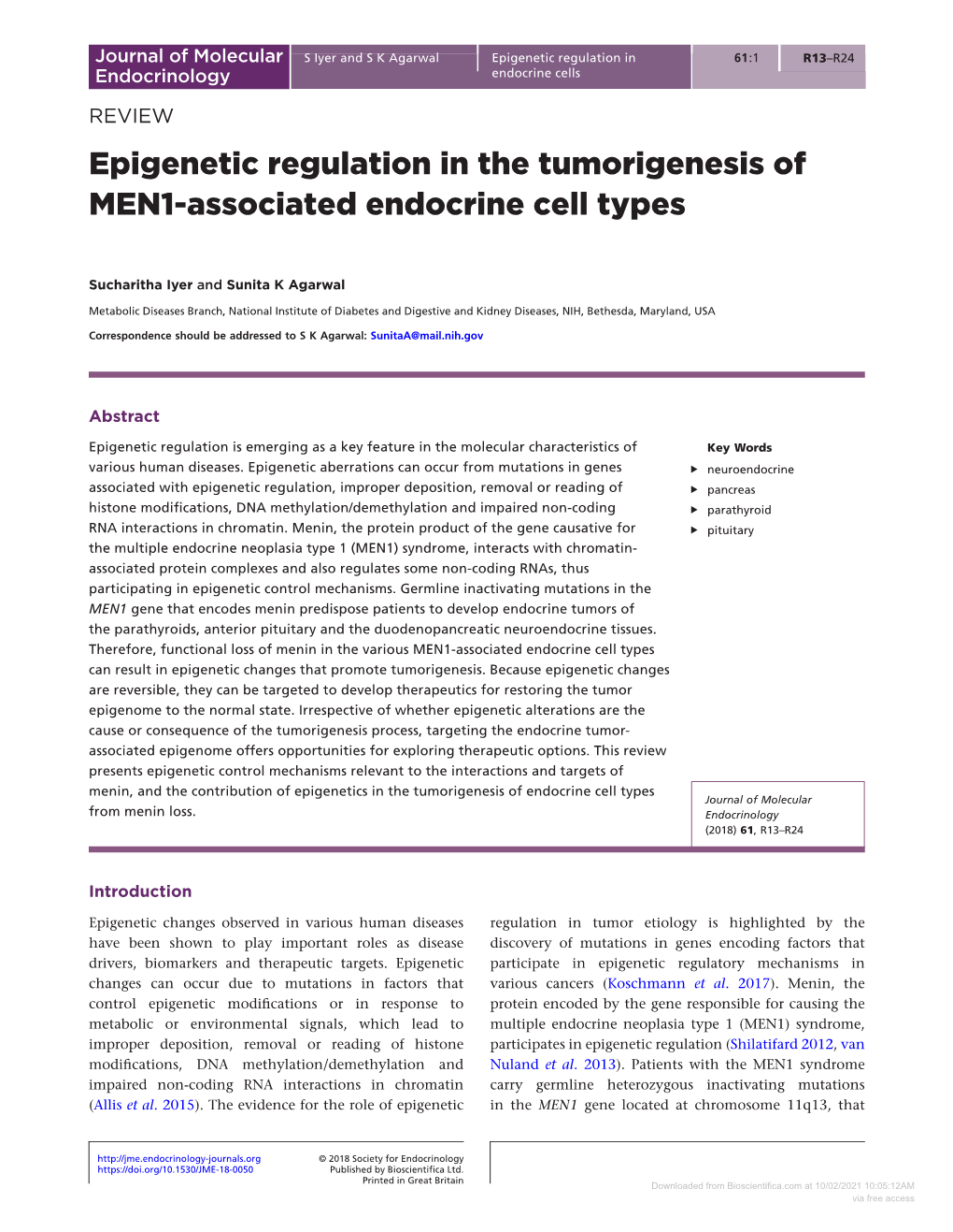 Epigenetic Regulation in the Tumorigenesis of MEN1-Associated Endocrine Cell Types