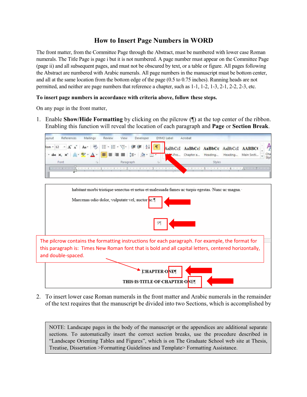 How to Insert Page Numbers in WORD the Front Matter, from the Committee Page Through the Abstract, Must Be Numbered with Lower Case Roman Numerals