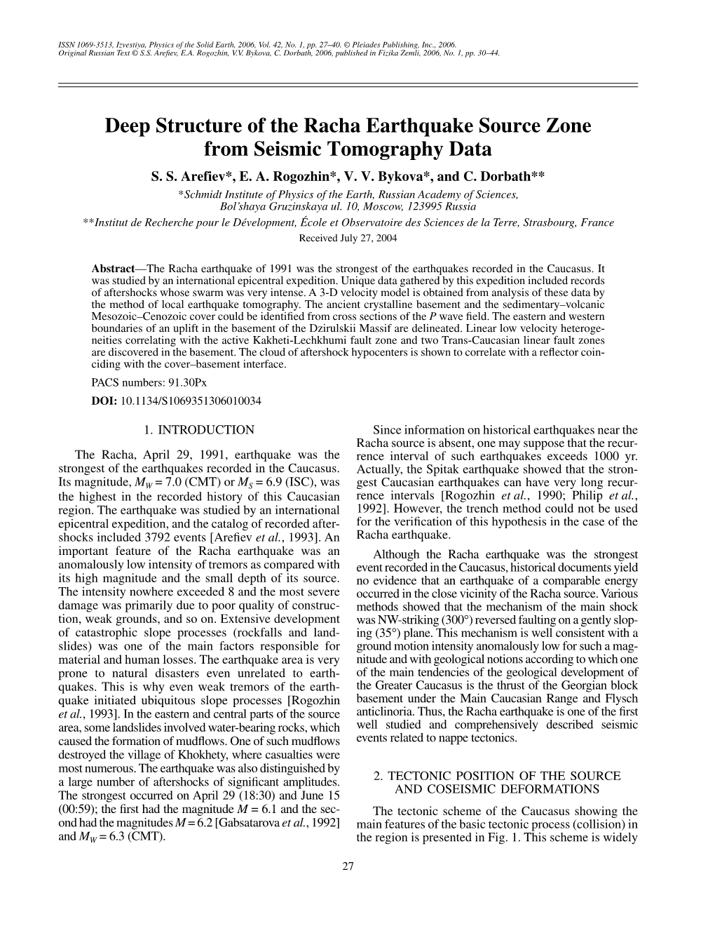 Deep Structure of the Racha Earthquake Source Zone from Seismic Tomography Data S