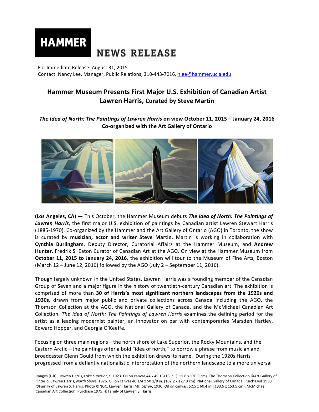 Lawren Harris Press Release, 8/31/2015