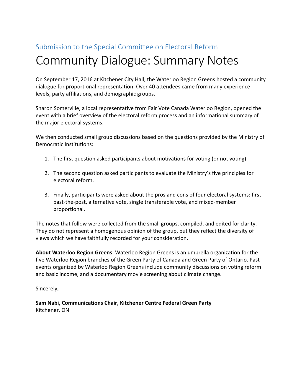 Community Dialogue: Summary Notes