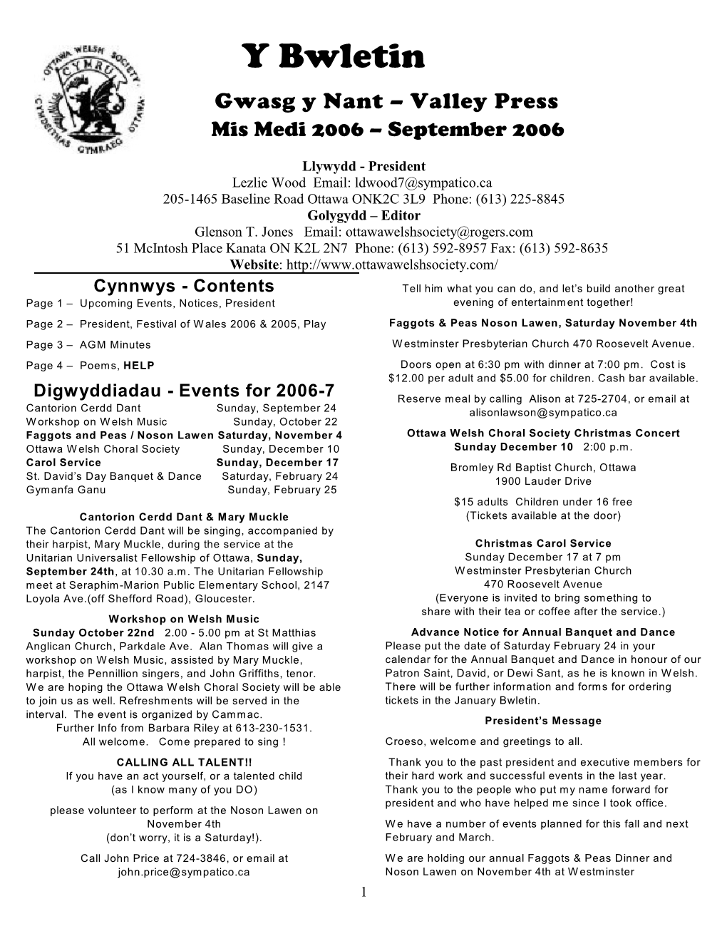 Y Bwletin Gwasg Y Nant – Valley Press Mis Medi 2006 – September 2006