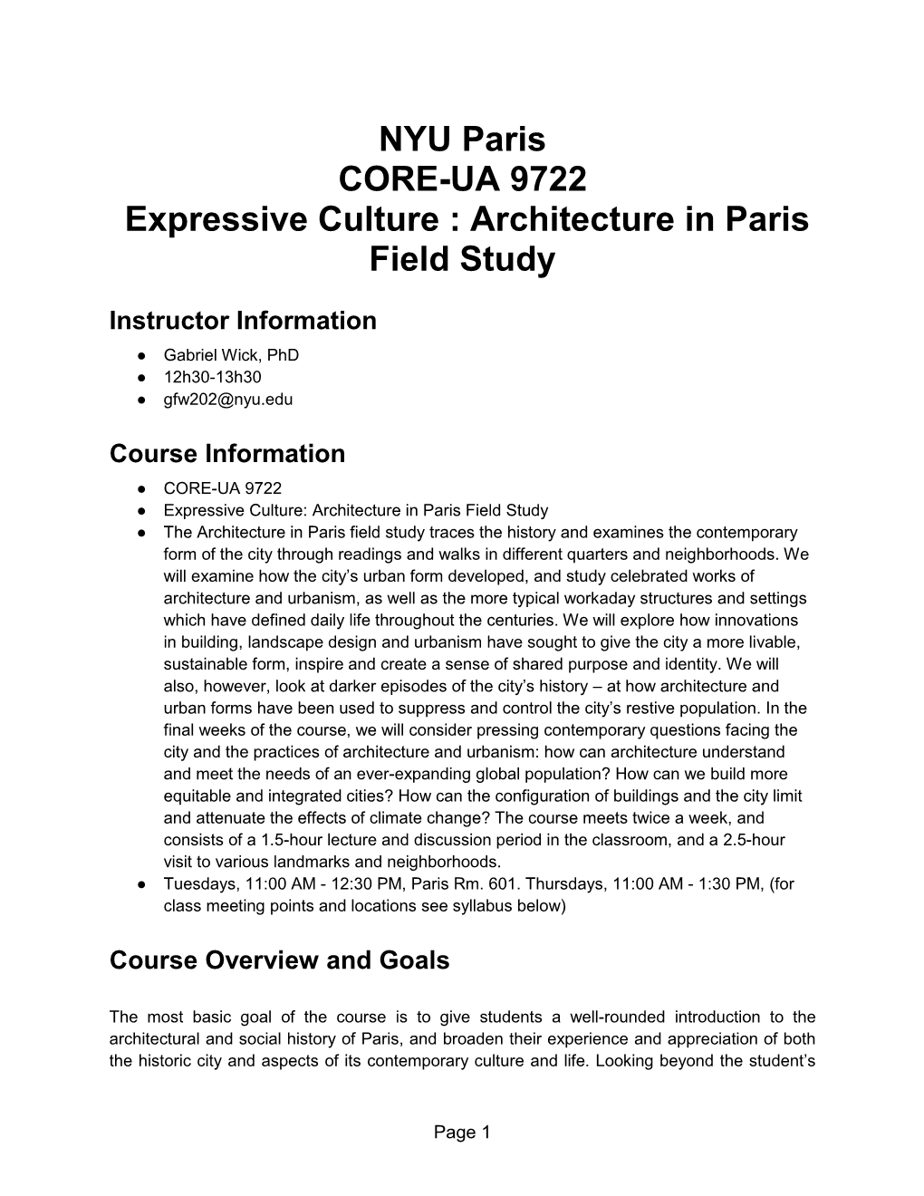 NYU Paris CORE-UA 9722 Expressive Culture : Architecture in Paris Field Study