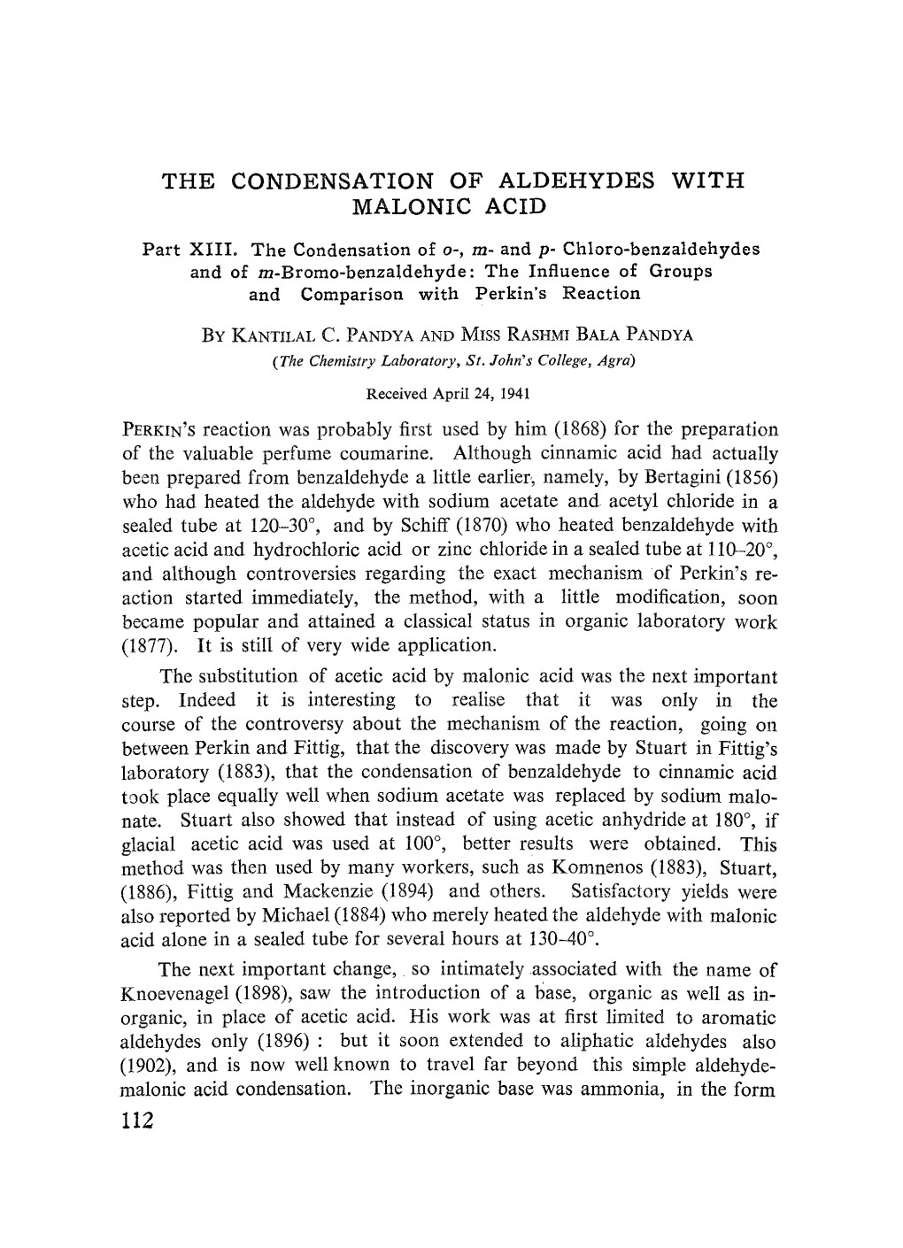 The Condensation of Aldehydes with Malonic Acid