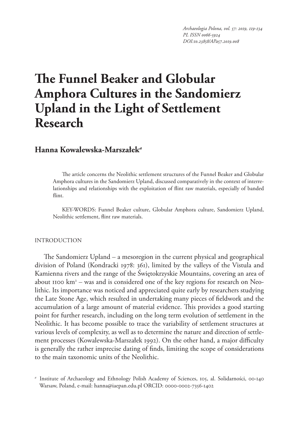 The Funnel Beaker and Globular Amphora Cultures in the Sandomierz Upland in the Light of Settlement Research