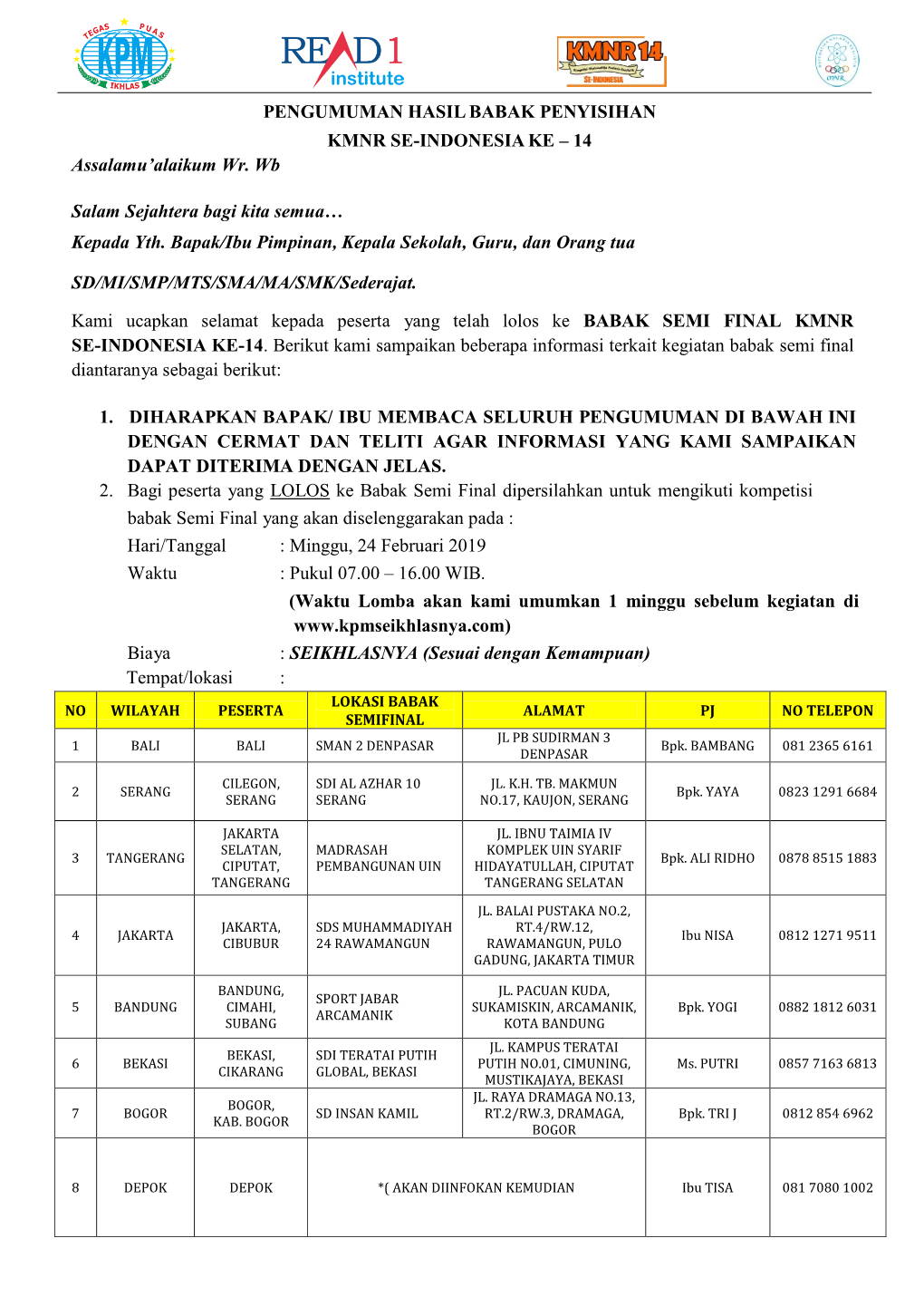 PENGUMUMAN HASIL BABAK PENYISIHAN KMNR SE-INDONESIA KE – 14 Assalamu’Alaikum Wr