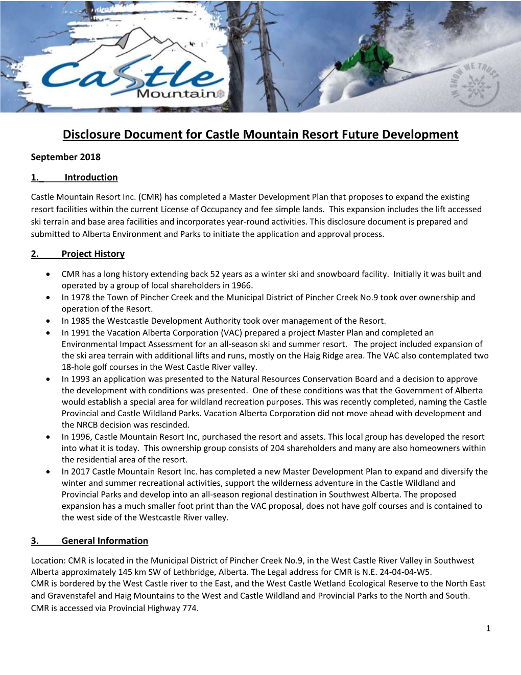 Disclosure Document for Castle Mountain Resort Future Development