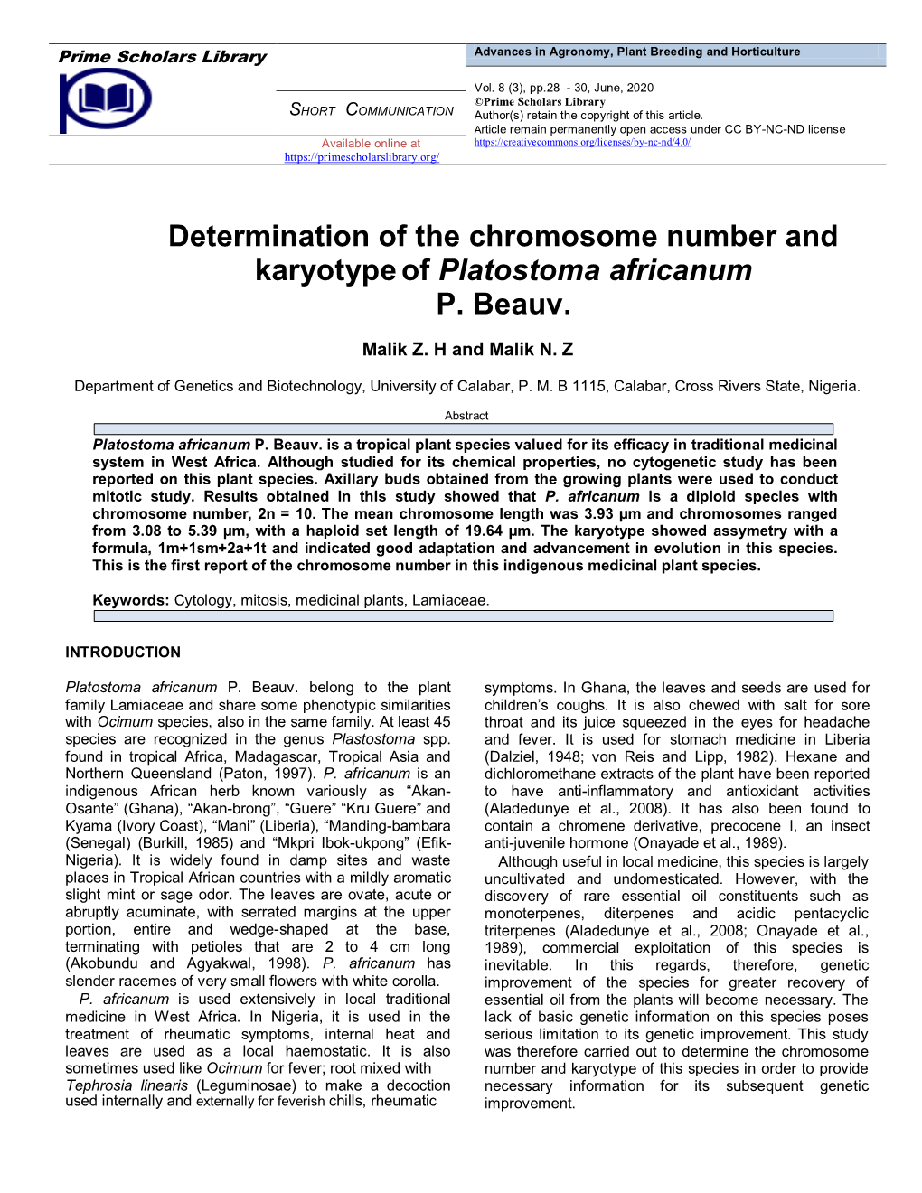 Determination of the Chromosome Number and Karyotype of Platostoma Africanum P