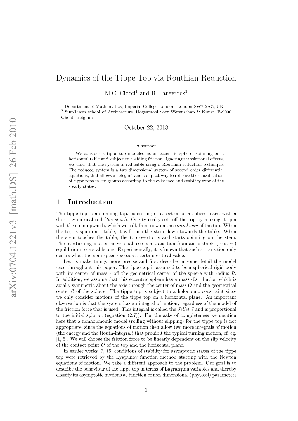 Dynamics of the Tippe Top Via Routhian Reduction