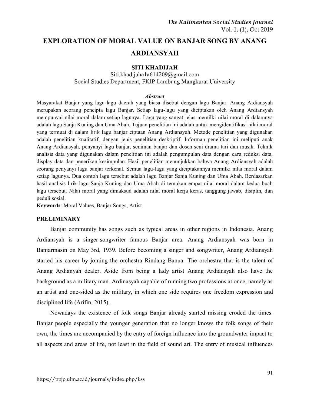 Exploration of Moral Value on Banjar Song by Anang Ardiansyah