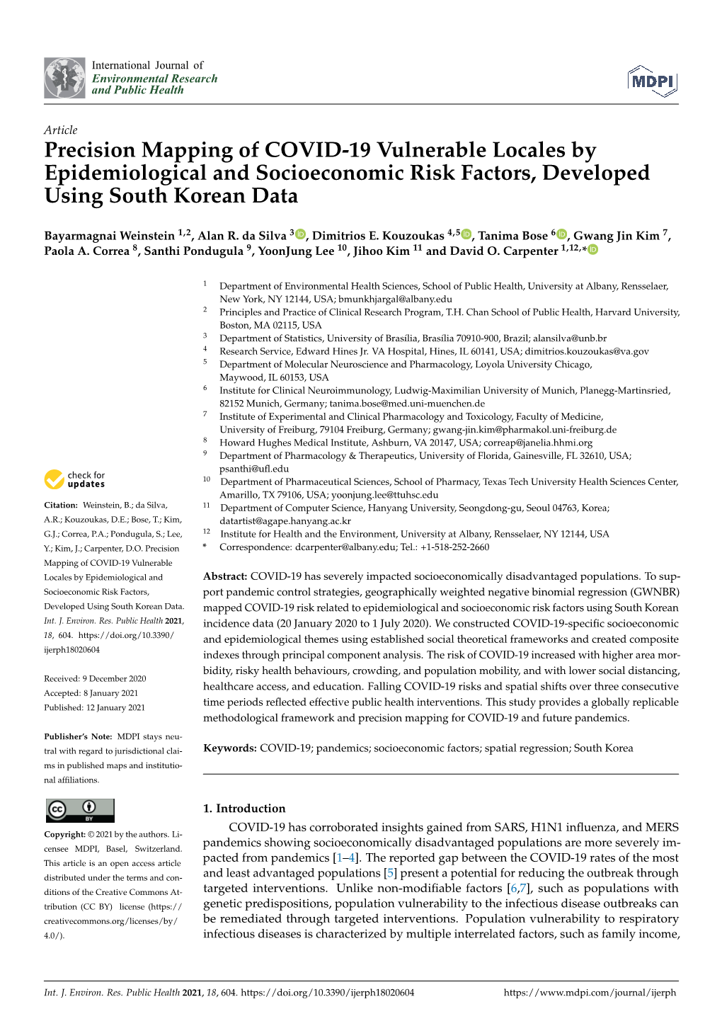 Precision Mapping of COVID-19 Vulnerable Locales by Epidemiological and Socioeconomic Risk Factors, Developed Using South Korean Data